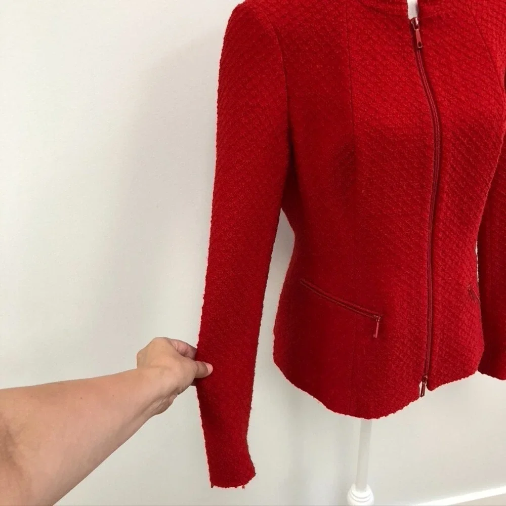 Lafayette 148 Wool Blazer Jacket Womens 8 Red Jacquard Full Zip‎ Career Teacher
